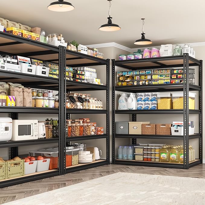 ROOMFAVE 72" H Storage Shelves 5 Tier Garage Shelving Heavy Duty,2050LBS Adjustable Metal Shelving Unit, Garage Shelves for Basement, Warehouse, Pantry, Closet, 72" H x 35.5" W x 16" D, Black,4PCS