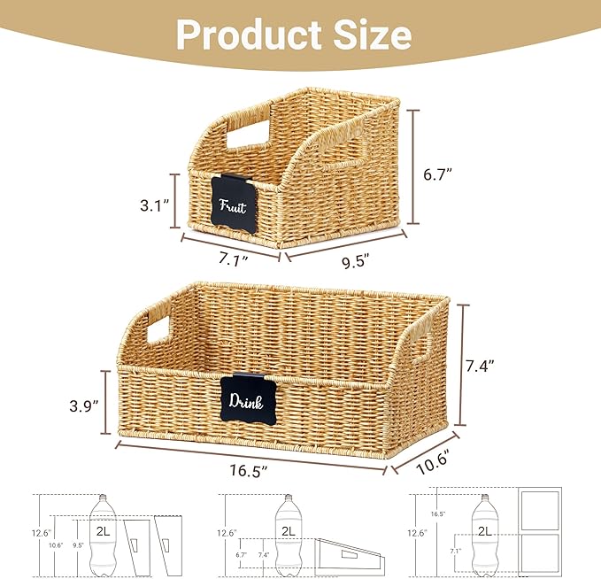 Pantry Organizers and Storage Basket for Organizing with Handles,Handwoven Large Wicker Baskets for Shelves - Waterproof Plastic Storage Bins, Boho Decorative, 3Pack, Natural