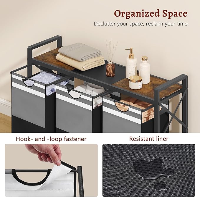 FAVOOSTY Laundry Sorter with Shelf,Laundry Basket Organizer,Laundry Hamper with Shelf, 3 ×11 Gal（50L）3 Section Laundry Sorter with Pull-Out Removable Oxford Fabric Bags and Movable Wheels Grey Black