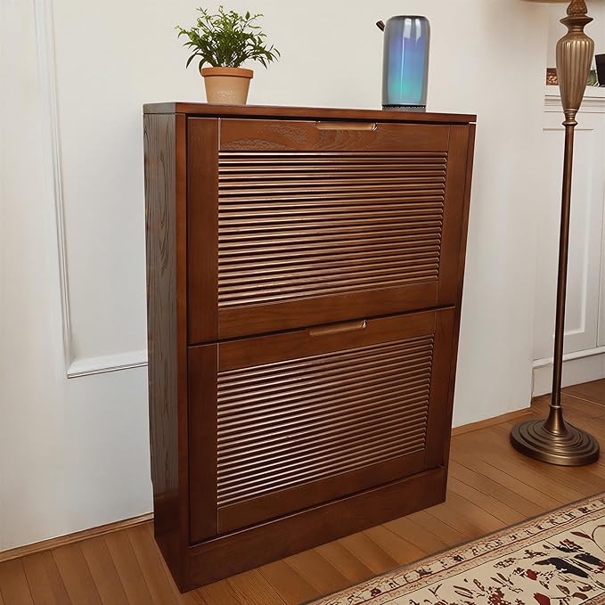 Solid Shoe Storage Cabinet with 2 Flip Drawers, Narrow Wood Shoe Organizer Cabinet with Fluted Panel, Slim Shoe Rack for Entryway, Freestanding Shoe Cabinet for Entryway Hallway Foyer，Walnut