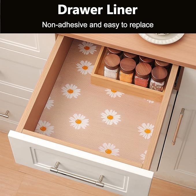 INNOLITES Shelf Liners for Kitchen Cabinets – Drawer Liner Waterproof & Oil-Proof, Non-Adhesive EVA with Floral Pattern – Durable Washable, Easy to Clean (Clean Daisy, 11.8" x 360")
