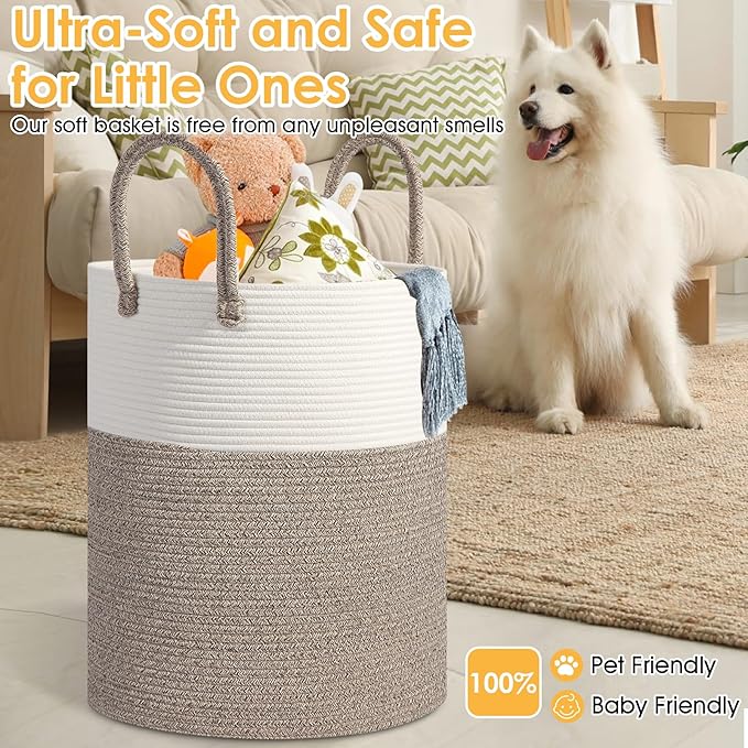Cotton Rope Laundry Basket, 60L Large Collapsible Storage Hamper with Handles, Sturdy Woven Basket for Blankets, Toys, Clothes, Decorative Tall Nursery Organizer for Living Room Bedroom,Beige