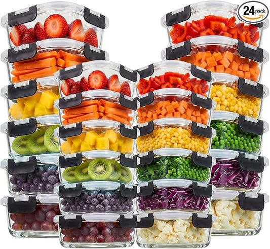 Konokyo Square Glass Food Storage Containers with Lids, 24 Pack Airtight Leakproof Meal Prep Containers, BPA-Free, Microwave Oven Freezer & Dishwasher Safe, Assorted Sizes