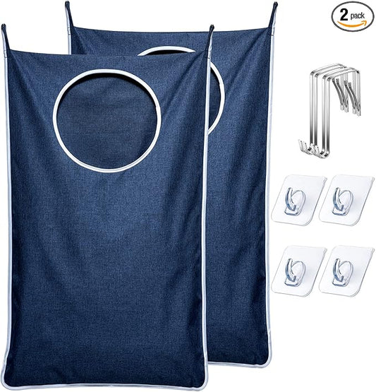 KEEPJOY 2 Pack Large Hanging Laundry Hamper Bag, 35x21.6 Inch Oversized Clothes Hanging Laundry bag with Hooks, Perfect for Managing Dirty Clothes Storage Bag (Blue,2-Pack)