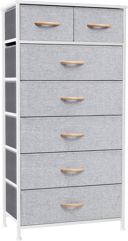 Crestlive Products Vertical Dresser Storage Tower - Sturdy Steel Frame, Wood Top, Easy Pull Fabric Bins, Wood Handles - Organizer Unit for Bedroom, Hallway, Entryway, Closets - 7 Drawers (Light Gray)