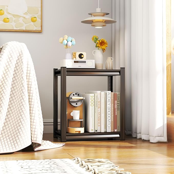 2 Tier Storage Shelves Small Shelves Metal Shelf Organizer Unit Adjustable Steel Shelving for Shop, Warehouse, Basement, Kitchen, Bedroom, Garage, Black, 16" W X 12" L X 22" H