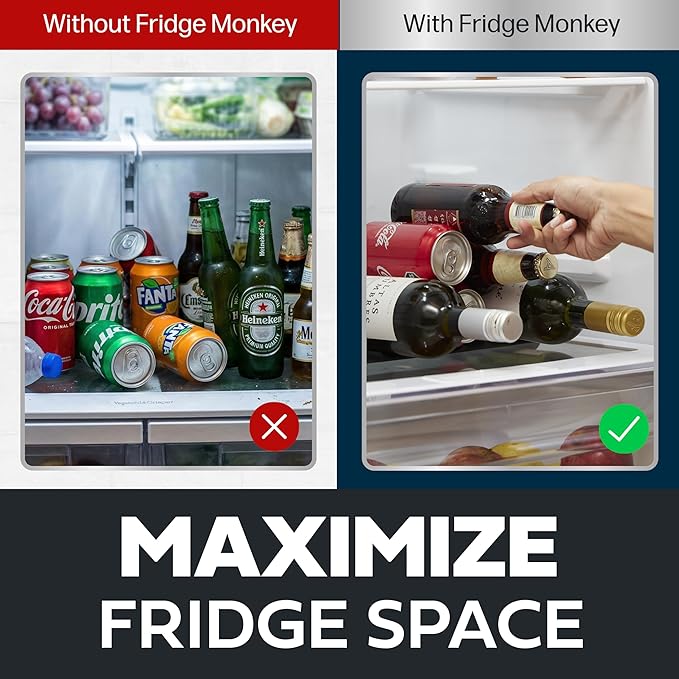 Cooks Innovations Drink Organizer for Fridge, Soda Can Refrigerator Organizers and Storage, Beer-Wine-Water Bottle Holder, Fridge Monkey - Durable Non-Slip&Roll - 2 Pack
