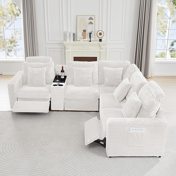 LEVNARY 5-Seat L Shaped Modular Sectional Sofa with Power Recliners, Faux Rabbit Fur Upholstery, Storage Console with Charging Ports & Cup Holders, Living Room Couch Set for Home Office (White)