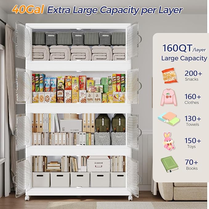 200Gal/800QT 5-Tiers Extra Large Stackable Storage Bins with Lid, Collapsible Cabinet Closet Organizer Plastic Container Box with Wheels Doors Drawers for Office Dorm Kitchen, White