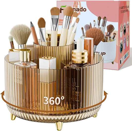 Clear Rotating Makeup Organizer Countertop for Vanity, 360° Makeup Brush Holder Organizer with 5 Compartments, Transparent Cosmetic Storage for Lipstick, Skincare, Bathroom Counter (Transparent Amber)