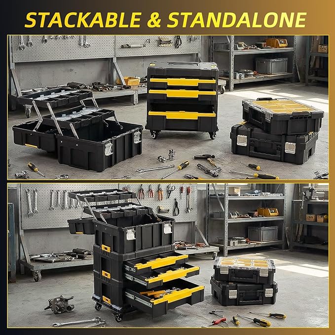 TLGREEN Stackable Rolling Tool Box with Wheels – 5-in-1 Modular Tool Organizer System, Portable Tool Box with Drawers for Garage Storage, Home Repairs & Professional Workshop