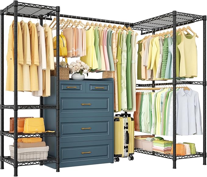ULIFHOME E10L L-Shaped Clothes Rack for Corner（With Expandable Hanger Rod）Heavy Duty Freestanding Clothing Racks for Hanging Clothes，Portable Garment Rack 58-82"W x 30"D x 72"H，Max Load 900LBS，Black