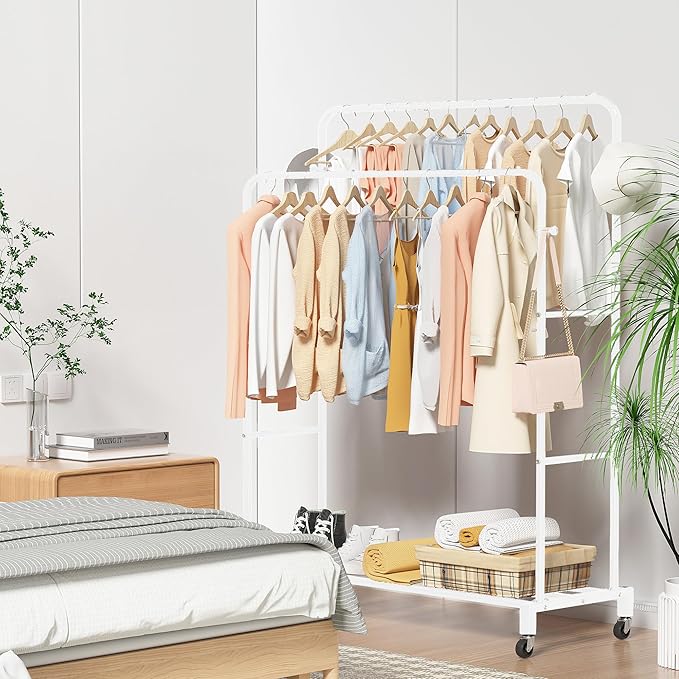 Sooyee Double Rod Clothing Rack with Wheels,3 Tier Garment Racks for Hanging Clothes,Portable Clothes Rack with 4 Hooks for Bedroom,Laundry Room,White