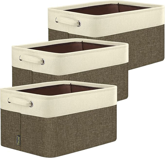 BALEINE 3 Pack Fabric Closet Storage Bins for Shelves, Linen Closet Organizers and Storage, Decorative Baskets for Organizing, Shelf, Clothes, Home, Office (Brown, 14''x10''x8.5'')