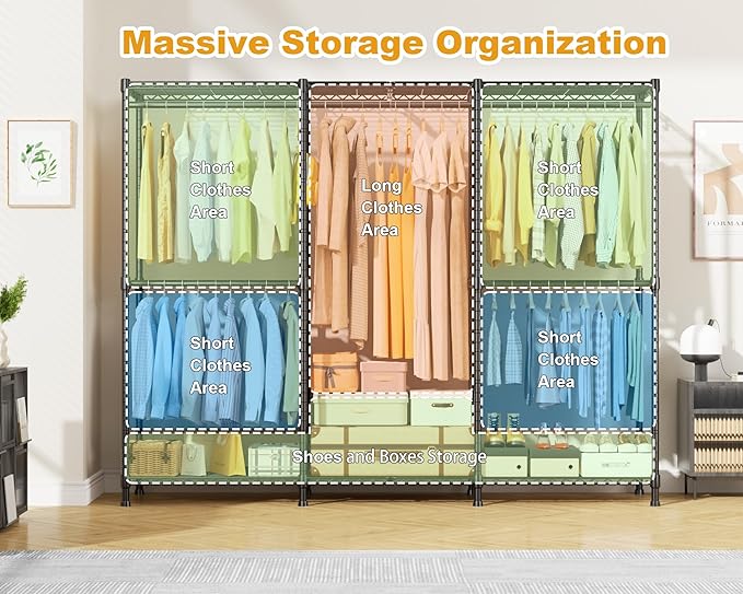 ULIFHOME E14C Pro Heavy Duty Closet Organizer System，Freestanding Clothing Racks for Hanging Clothes，Adjustable Garment Rack 70.1"W × 16.6"D × 76.4"H Hold 960 lbs，Black Rack with Grey Dustproof Cover