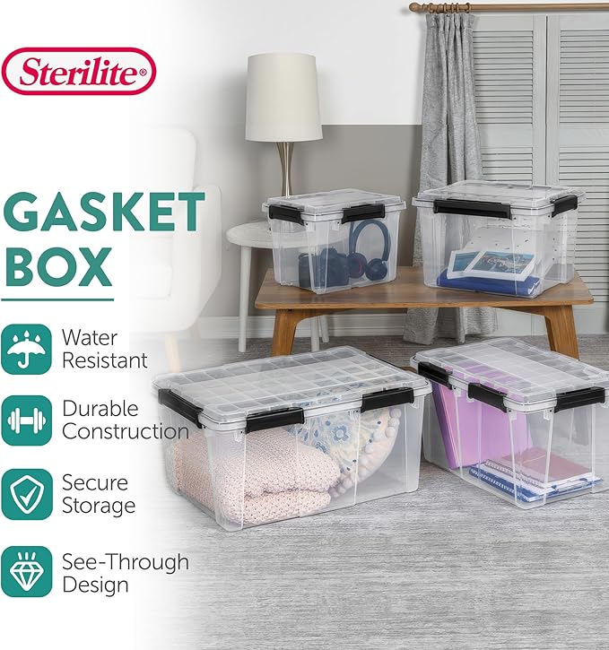 Sterilite 4 Pack 54 Qt Gasket Box, Clear Stackable Plastic Storage Container with Lids, Black - Waterproof Organizer and Dustproof Tote for Home Organization
