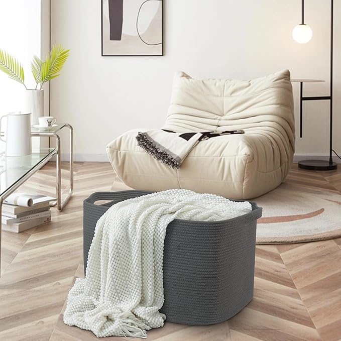 MEGASKET Extra Large Rope Basket, 23.6" x 17" x 12" Rectangle Wicker Baby Laundry Basket, Kids Toy Storage Baskets, Woven Basket for Blankets Clothes Pillows, Laundry Room Organization, Dark Grey