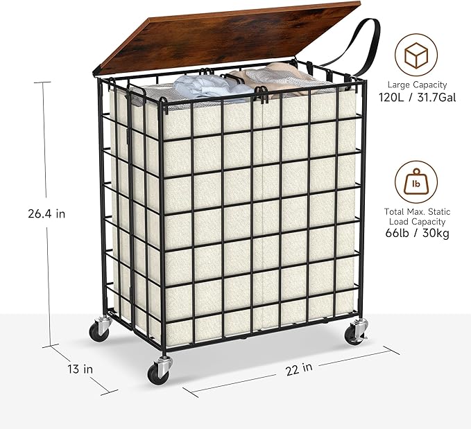 Laundry Basket with Wheels, Heavy Duty Laundry Sorter 2 Sections, 120L (32Gal.) Large Capacity Laundry Hamper with Wood Lid, 360 Rolling Wheels, Extra Side Pocket, Leather Pull Handle, Beige