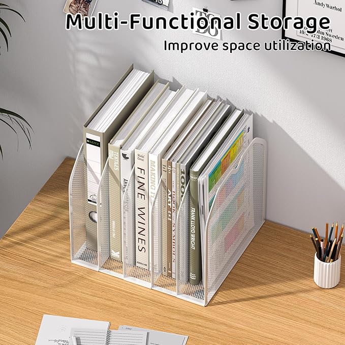 FANXIYQ White 5-Section File Folder Organizer for Desk – 8.5"×9.3" Metal Vertical File Holder, Desktop File Organizer Vertical Stand, Letter/A4 Upright File Sorter