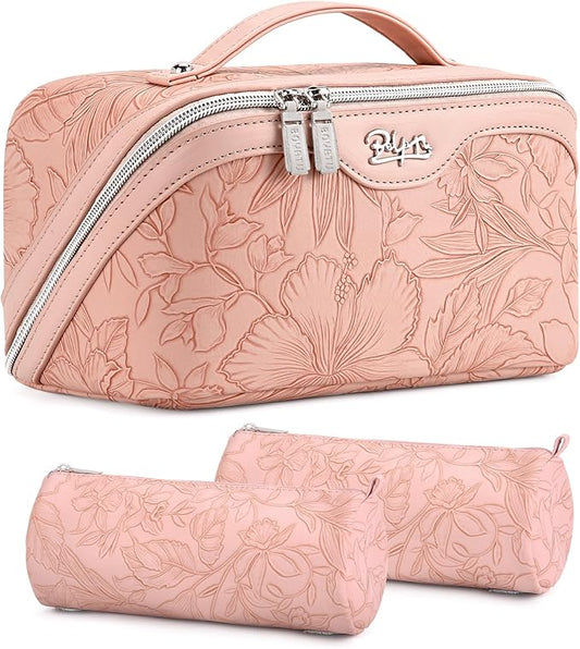 BOYATU Travel Makeup Bags Cosmetic Organizer Bag: 3-Set Large Capacity Make up Bag - PU Leather Toiletry Bags for Women - Wide Open Portable Pouch with Divider & Handle (01-Z-Pink)