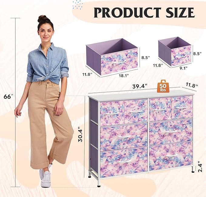 WLIVE Dresser for Bedroom with 8 Drawers, Wide Fabric Dresser for Storage and Organization, Bedroom Dressers, Chest of Drawers for Living Room, Closet, Hallway, Tie-dye Print (Pink, Purple, Blue)