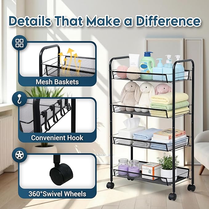 LOFTEY 4 Tier Rolling Storage Cart, Small Metal Utility Cart on Wheels, Rolling Organizer Carts for Kitchen, Bathroom, Laundry Room, Office, Easy No-Tool Assembly, Black