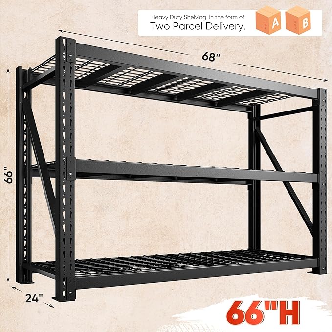 Bepatio 7050LBS Garage Shelving Heavy Duty,68''W Storage Shelves Metal Shelving Unit,3Tire Storage Rack Shelf.Adjustable Industrial Shelving for Warehouse Commercial,68''Wx23.7''Dx66''H, 2PCS