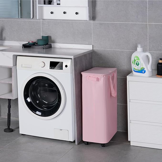 Vincona Slim Laundry Hamper with Lid and Wheels, Small Rolling Laundry Basket with Handle for Small Spaces, Tall Dirty Clothes Hampers for Dorm, Bathroom and Bedroom, 75L, Pink
