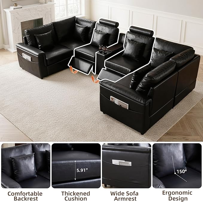 LEVNARY 6-Seat U Shaped Modular Sectional Sofa with Power Recliners, Upholstered Faux Leather Couch Storage Console with Charging Ports & Cup Holders, Living Room Couch Set for Home Office (Black)
