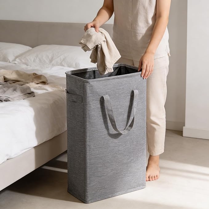 ZERO JET LAG Slim Laundry Hamper With Handles Collapsible Laundry Basket Thin Dirty Clothes Basket Narrow Laundry Bag Foldable Dirty Cloth Hamper 45L (24 inches,Dark Grey)