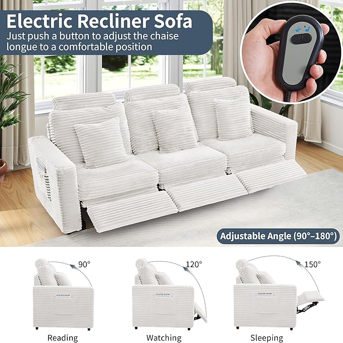 LEVNARY 3-Seater Modular Reclining Sofa, Faux Rabbit Fur Power Recliner Couch with 3 Electric Seats, 3 Pillows & Side Pockets, Adjustable Back & Footrest, Living Room Furniture (White)