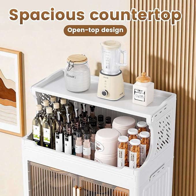 6 Tier Plastic Storage Bins with Top Open Shelf, Folding Storage Box with Doors and Wheels, Stackable Closet Organizers for Living Room, Office, Dorm