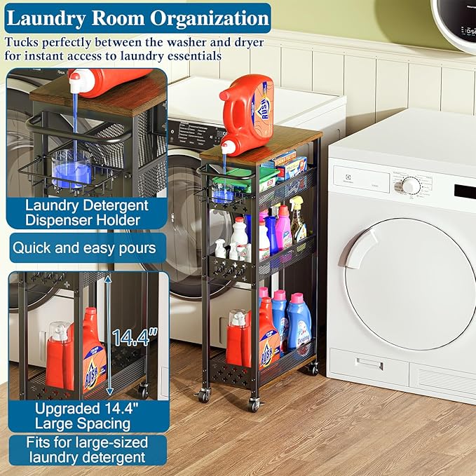 OKZEST Rolling Slim Storage Cart, 4-Tier Narrow Bathroom Organizers and Storage Cart, Metal Narrow Kitchen Laundry Room Organization Shelf with Wood Top, Slim Utility Cart with Wheels for Small Space