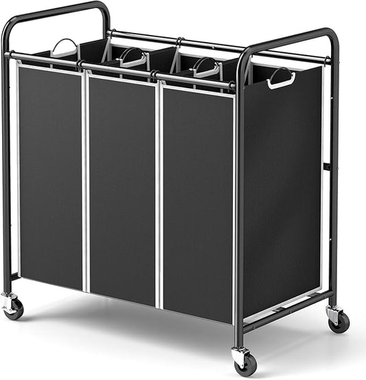 ROMOON Laundry Sorter Hamper 3 Section, Divided Laundry Basket Organizer with Heavy Duty Lockable Wheels and Removable Bags, Rolling Clothes Hamper for Apartment, Dorm & Family (130L Modern Black)