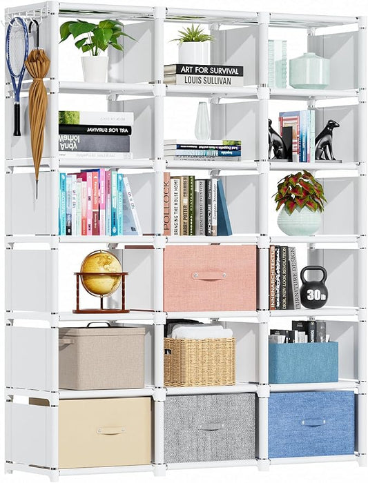 Mavivegue Book Shelf, 18 Cube Storage Organizer, DIY Bookcase, Metal Cube Bookshelf, Tall Book case for Bedroom, Living Room, Office, Closet Storage Organizer, Black Cubicle Storage Rack-White