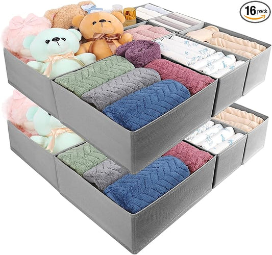 Drawer Organizer Clothes, 16 Pack Dresser Organizer Bins, Foldable Closet Organizers and Storage Fabric Dresser Bins, Shallow Drawer Dividers for Clothing, Underwears, Socks, Tie