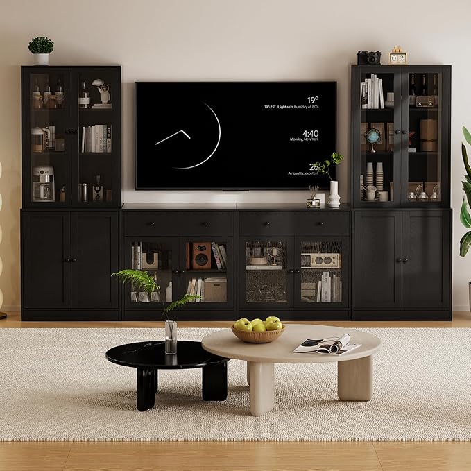 TUSY 71" TV Stand Storage Set - 2 Tall Bookcases & 2 Side Cabinets, Media Console with Glass & Wood Doors, Entertainment Center with Drawers, Tall Media Console for Living Room (Black, AFFA)