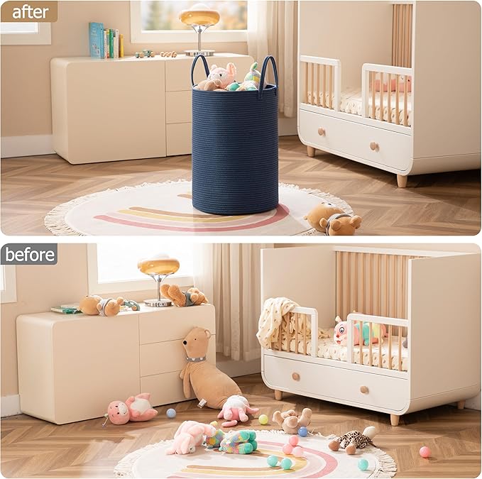 Laundry Basket, 100L Woven Laundry Hamper, Baby Nursery Hamper for Toys, Blanket Basket for Living Room, Clothes Hamper for Bedroom&Baby Room, Blue