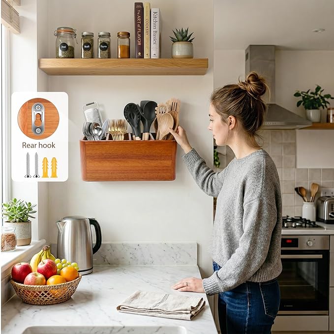 Kitchen Utensil Holder for Countertop, Extra Large Acacia Wood Utensil Organizer, 4-Compartment Storage for Cooking Utensils, Silverware and Cutlery