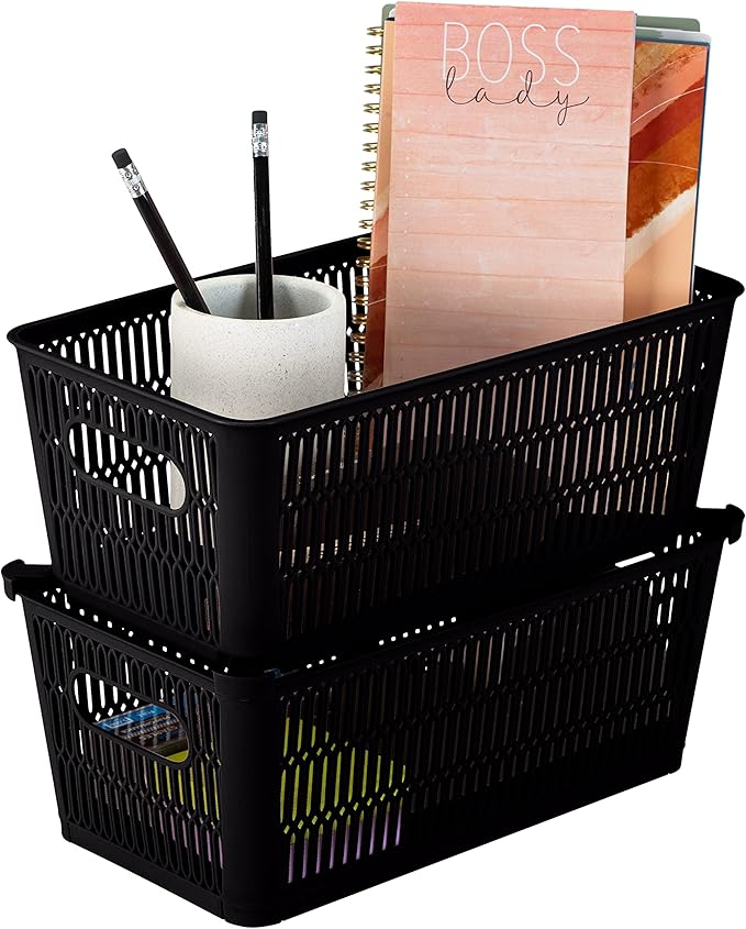 Simplify 2Pk Small Slide 2 Stack It Tote Basket | Storage & Organization | Open Bins with Stackable Capability | Bathroom | Crafts | Pantry | Playroom | Office | Black