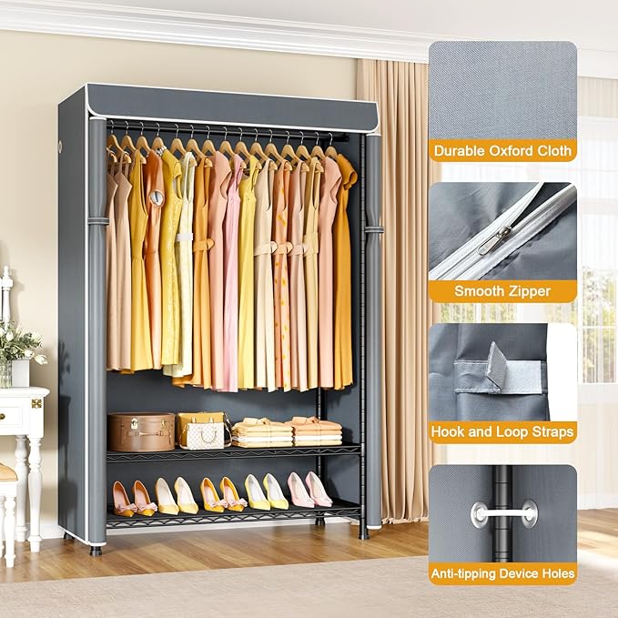 ULIFHOME H5C Plus Clothes Rack with Cover, Portable Closet for Hanging Clothes, Covered Clothing Racks Heavy Duty, 3-Tiers Garment Rack with Shelves Max Load 370LBS Black Closet Rack with Gray Cover