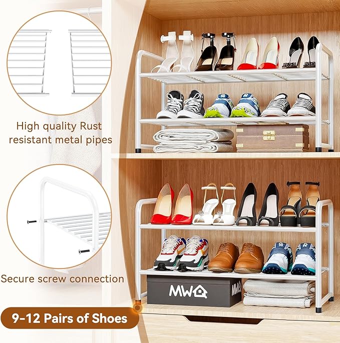 Shoe Rack for Closet, 2 Tier Heavy Duty Metal Shoe Shelf for Entryway, Stackable, White