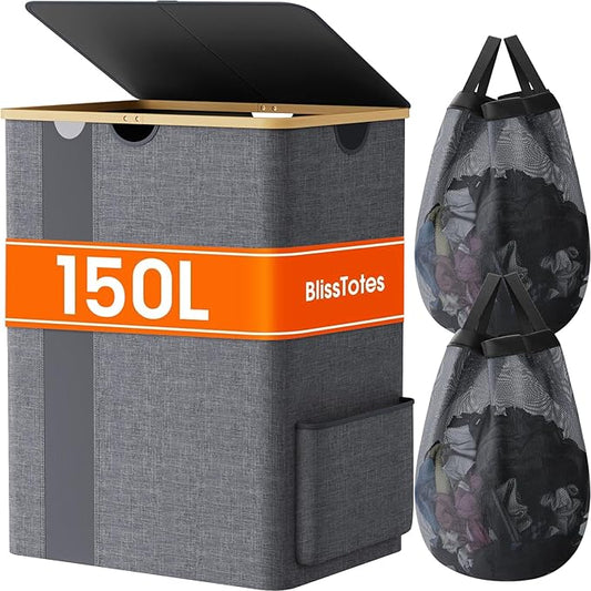 BlissTotes Laundry Basket with Lid, 150L Clothes Laundry Hamper with Handles and 2 Removable Laundry Bag, Breathable Design Hamper with Lid for Bedroom, Bathroom, Dorm, Laundry Room - Light Grey