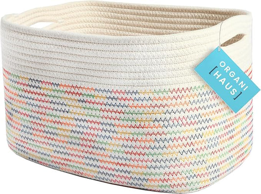 OrganiHaus Rainbow Basket - Colorful Woven Storage Basket for Playroom, Nursery & Classroom Decor & Toy Storage, Rainbow Stitches 15x9x10