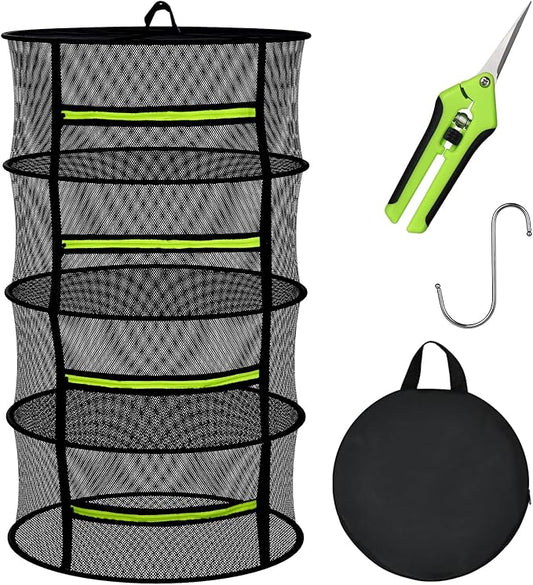 MEKOLIFE Herb Drying Rack Hanging-4 Layer, Plant Drying Rack, Bud Drying Net,Foldable Hanging Dry Rack Net with Green Zipper, Garden Shears & Hooks, for Herbs, Seeds Indoor/Outdoor (23.62")