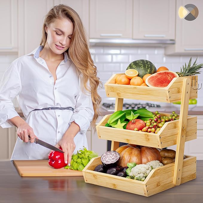 Bamboo 3 Tier Fruit Basket For Counter, Large Capacity Fruit Storage Countertop, Fruit Holder, Wooden Pantry Organizers and Storage, Kitchen Countertop Organizer With 2 Banana Hangers (Bamboo)