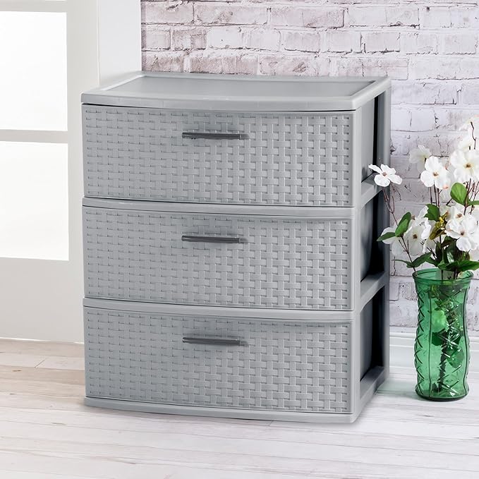 Sterilite 2 Pack 3 Drawer Wide Storage Tower, Plastic Weave Organizer, Cement - Lightweight Opaque Container for Bedrooms, Closets, or Bathrooms
