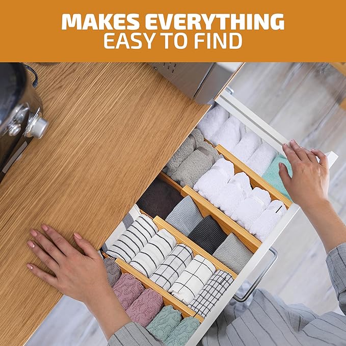 4-Pack Bamboo Drawer Dividers - Fits Drawers 12.2 to 17.3 Inches Deep, 2.6 Inch High, 0.6 Inch Thick, Expandable Drawer Organizers Separators for Clothes, Dresser, Bedroom, Kitchen, Bathroom, Office