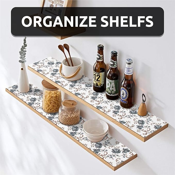 FIFTY FEET 20X120 Inch Shelf Liner for Kitchen Cabinets, PVC Drawer Liner for Dresser Non-Slip Bathroom, Non-Adhesive Cabinet Liner Washable (Black Floral)(1 Roll)