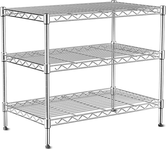 750lbs 3-Tier Wire Shelf Rack,24" Dx14 Wx22 H,Kitchen Metal 3-Shelves Rack with Lockable Wheels,Height Adjustable Wire Shelving Unit and Storage for Living Room,Laundry,Office,Pantry,Studio
